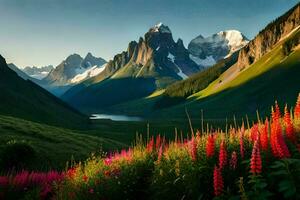 the sun shines on a lake and flowers in the mountains. AI-Generated photo