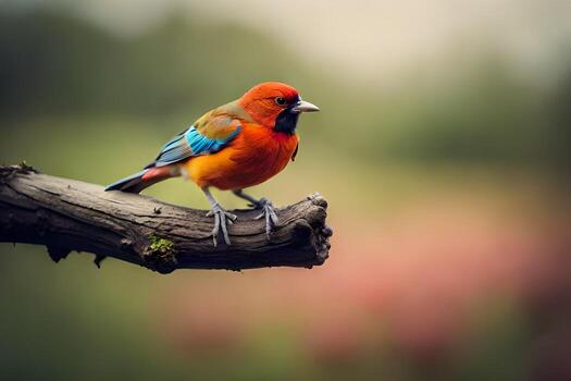 un vistoso pájaro se sienta en un rama en frente de un campo. generado por ai foto