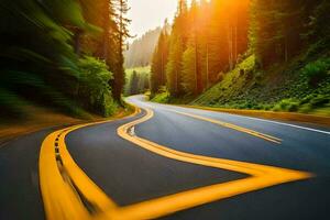 un la carretera en el montañas con un amarillo línea. generado por ai foto