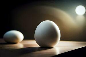 two eggs sit on a table in front of a light. AI-Generated photo