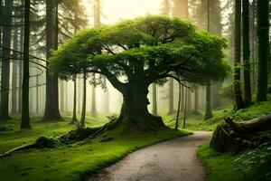 un camino mediante un bosque con un árbol en el medio. generado por ai foto