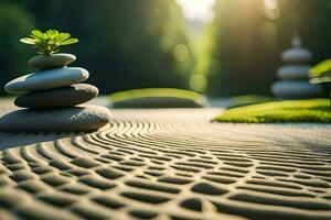 a zen garden with stones and plants. AI-Generated photo