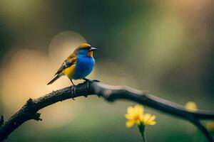 a small bird sits on a branch with yellow flowers. AI-Generated photo