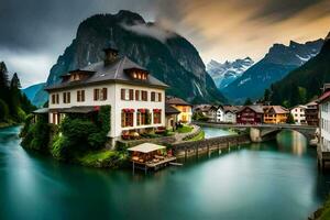 un hermosa montaña pueblo con un río y casas generado por ai foto