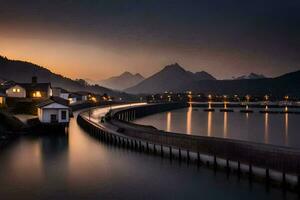 a long exposure photograph of a river and houses at sunset. AI-Generated photo