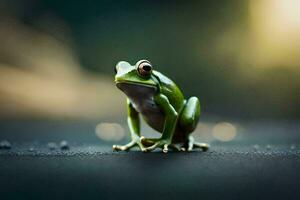 a frog sitting on the ground with a blurry background. AI-Generated photo