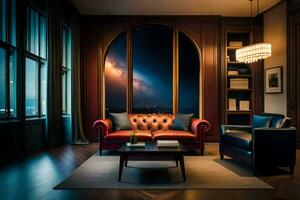 a living room with a leather couch and a window with a view of the night sky. AI-Generated photo