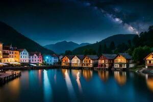 photo wallpaper the sky, night, lake, houses, the milky way, the stars,. AI-Generated