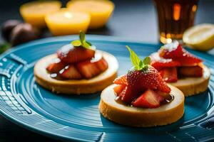 three small desserts with strawberries on top. AI-Generated photo