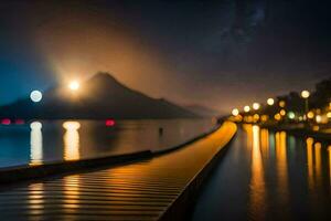 un largo muelle con luces en eso a noche. generado por ai foto