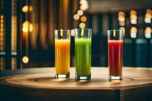 three glasses of juice on a table. AI-Generated photo