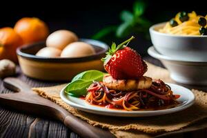 a plate of spaghetti with strawberries and eggs. AI-Generated photo
