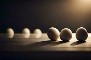 five eggs are lined up on a table. AI-Generated photo