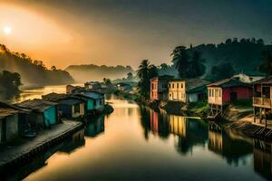 un río carreras mediante un pueblo a puesta de sol. generado por ai foto