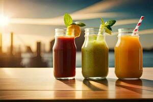 three different types of juices are shown in a glass jar. AI-Generated photo