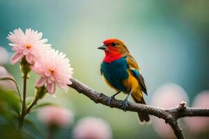 a colorful bird sits on a branch with pink flowers. AI-Generated photo