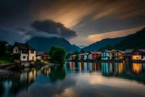 foto fondo de pantalla el cielo, nubes, montañas, agua, casas, lago, Eslovenia,. generado por ai