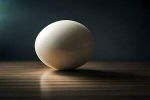 un huevo sentado en un mesa con un oscuro antecedentes. generado por ai foto