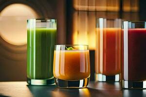 four different types of juices in glasses. AI-Generated photo