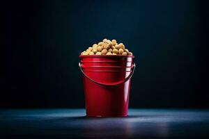 a red bucket filled with peanuts on a dark background. AI-Generated photo