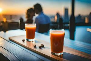 two glasses of juice on a table with a view of the city. AI-Generated photo