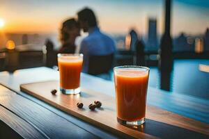 dos lentes de jugo en un mesa con un ver de el ciudad. generado por ai foto