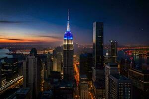 the empire state building is lit up in blue and white. AI-Generated photo