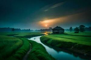 the sun rises over the rice fields. AI-Generated photo