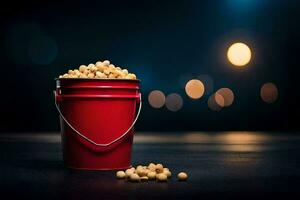 a red bucket filled with peanuts on a dark table. AI-Generated photo