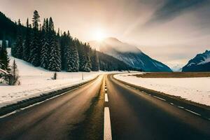 a road in the mountains with snow and trees. AI-Generated photo