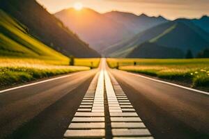 a long empty road in the mountains with the sun setting. AI-Generated photo