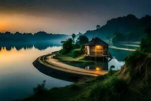 a small hut sits on the edge of a lake at sunrise. AI-Generated photo