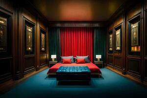 a bedroom with red curtains and wooden paneling. AI-Generated photo