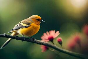 un pequeño amarillo pájaro es sentado en un rama. generado por ai foto