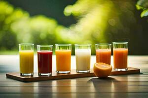 a tray of different juices on a wooden table. AI-Generated photo