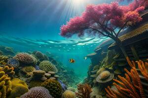 a coral reef with fish and trees. AI-Generated photo