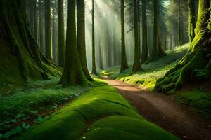 un camino mediante un bosque con cubierto de musgo arboles generado por ai foto