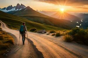 a person with trek poles walking down a dirt road at sunset. AI-Generated photo