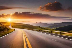 a road with the sun setting over the hills. AI-Generated photo