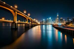 the city skyline at night with a bridge over water. AI-Generated photo