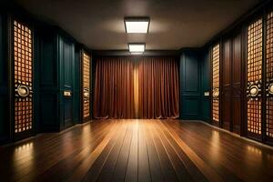an empty hallway with wooden floors and doors. AI-Generated photo