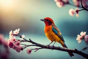 foto fondo de pantalla el cielo, pájaro, flores, el sol, primavera, el aves, primavera,. generado por ai