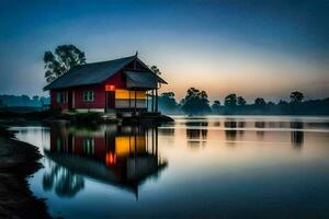 a red house sits on the shore of a lake at sunrise. AI-Generated photo