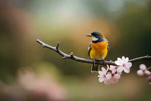 un pájaro se sienta en un rama con rosado flores generado por ai foto