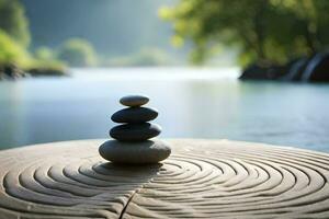 a stack of stones sitting on top of a circular stone table. AI-Generated photo