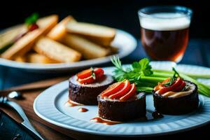 three meat patties on a white plate with celery and bread. AI-Generated photo