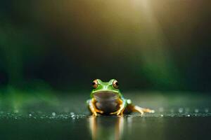 un rana sentado en un mojado superficie con un brillante ligero detrás él. generado por ai foto