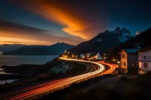 a long exposure photograph of a road and mountains at sunset. AI-Generated photo