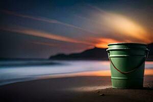 a green bucket on the beach at sunset. AI-Generated photo