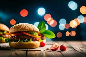 two hamburgers with tomatoes and lettuce on a wooden table. AI-Generated photo